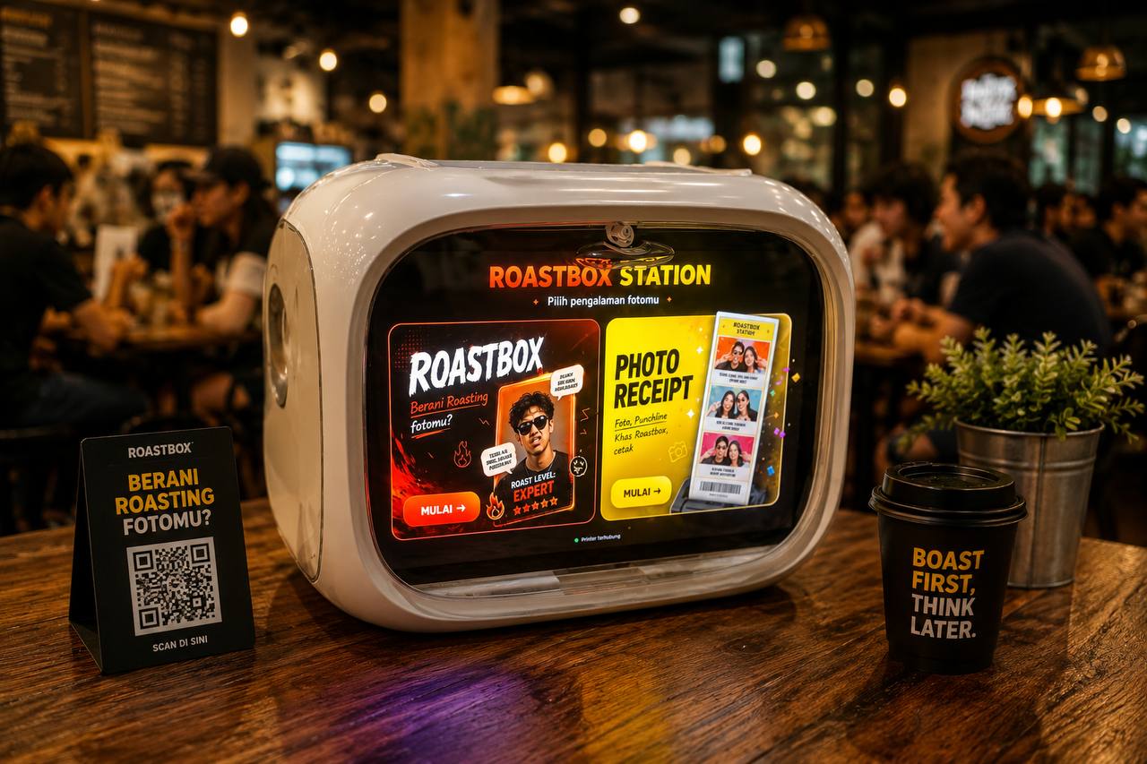 Roastbox Station di meja kafe dengan layar Roastbox dan Photo Receipt